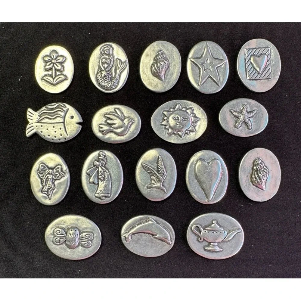 17 Vilmain Pewter Pocket Tokens Charms Heart Angel Flower Fairy Bee Dolphin Fish